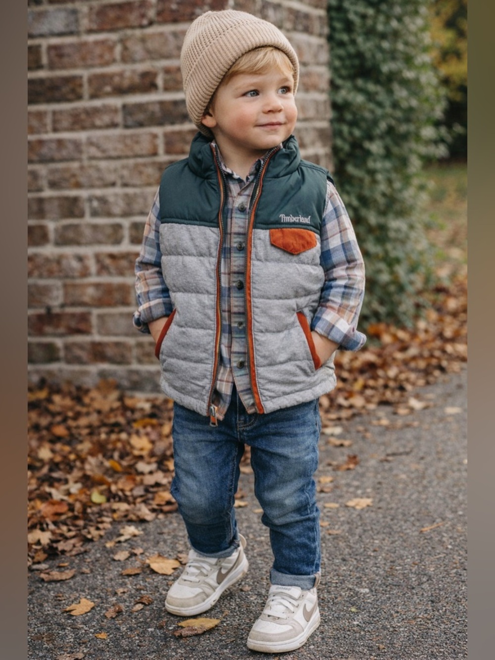 Timberland Kids Grey & Green Quilted Vest with Rust Trim